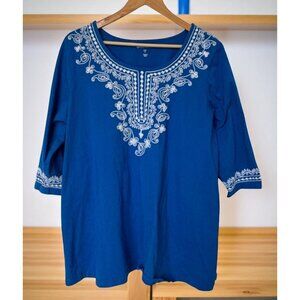 Woman Within Tunic Top Size 1X Blue Embroidered 3/4 Sleeves Boho Peasant